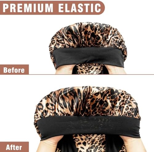 2Pcs Bonnets for Black Women Braid Bonnet, Large Long Satin Bonnet for Braids, Silk Bonnet with Stretchy Tie Band Sleep Cap Hair (2Pcs-Black&Leopard) - Image 6