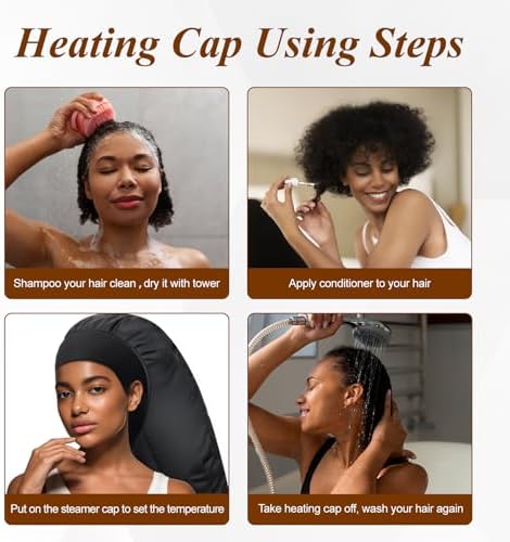 Heated Cap for Deep Conditioning: Upgraded Extra Large 10-Level Fast Heating 3 Time Settings Hair Steamer Cap for Natural Black Hair Portable Thermal Steam Cap for Home Hair Treatment - Deep Black - Image 7