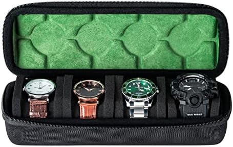 4 slots Watch travel case, hard watch box storage organize holder, with soft foam insert fit watches up to 55mm face,green microfiber lining by forBetterLife