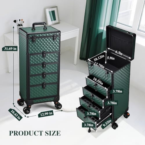 Yueieoun Nail Salon Cart with 4 Drawers,Rolling Makeup Train Case for Beauty,Cosmetology Case on Wheels Trolley Cart,Lockable Organizer Travel Case for Manicure/Face Painting/Hairstylist,DARK GREEN - Image 6