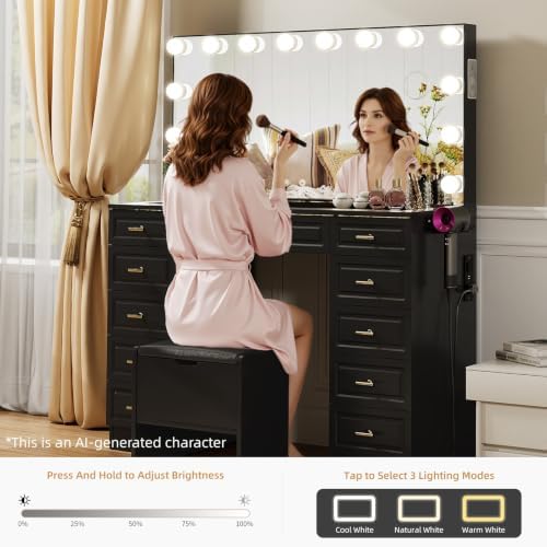 VOWNER Vanity with Lighted Mirror, Makeup Vanity Desk w/Bluetooth Speaker - Image 4