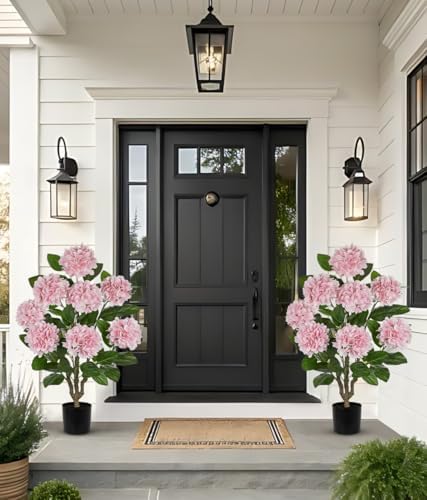 3FT Pink Hydrangea Artificial Flowers Tree 2 Pack Large Real Touch Faux Silk Hydrangea Plants Potted Fake Flower in Black Pot for Home Indoor Outdoor Front Porch Garden Entrance Living Room Decor - Image 6
