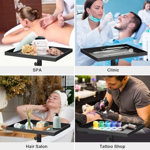 Salon Tray on Wheels, Salon Tray Cart Tattoo Tray Rolling Trolley, Hair Stylist Tray Height Adjustable, Dental Tray Hairdresser Tray Rolling Table Tray Cart (Black) - Image 6