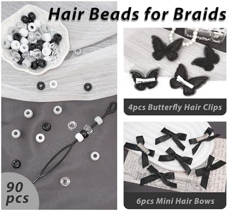 Black Hair Beads for Braids 100PCS Satin Hair Bows Embroidery Butterfly Hair Clips Gradient Large Beads Dreadlock Acrylic Pony Beads Hair Accessories for Women - Image 5