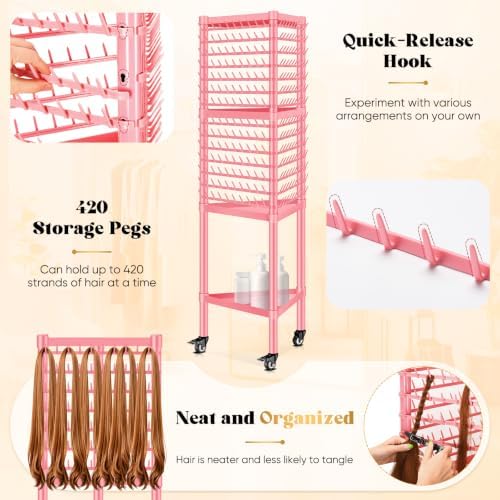 GADFISH Braiding Hair Rack with 5-Tray, Hair Extension Holder Hanger, 420 Pegs 3-side Rack for Braiding Separator Display Stand (Pink) - Image 4
