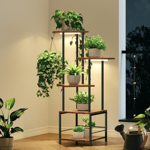 Plant Stand Indoor with Grow Light - 5-Tier Metal Plant Shelf with Hanging Basket Hook, Corner Tall Flower Holder for Multiple Plants, Living Room Balcony Garden Patio, Rustic Brown - Image 6