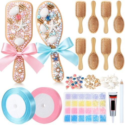 12 Set Wooden Hair Brush Decorating Kit, Ocean Style, Blue and Pink by Acellegic