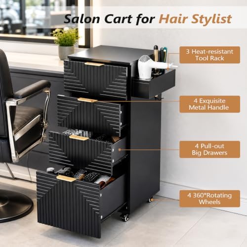OmySalon Salon Cart with Wheels, 4-Drawers Rolling Hair Styling Station, Salon Trolley with Hot Tool Holders, Mobile Organizer for Barbershop, Beauty Spa, Black - Image 4