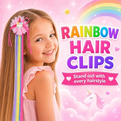 6 Set Rainbow Colored Straight Hair Clips with Unicorn Accessories - Thick Wig Bangs and Ponytail Extensions for Girls - Image 2