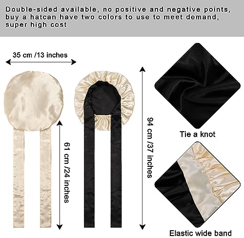 CHLINS Satin Bonnet Silk Sleep Cap Hair Bonnets for Women Stretchy Tie Band Hair Cap for Curly Hair Silk Hair Wrap(Champagne+Black) - Image 3