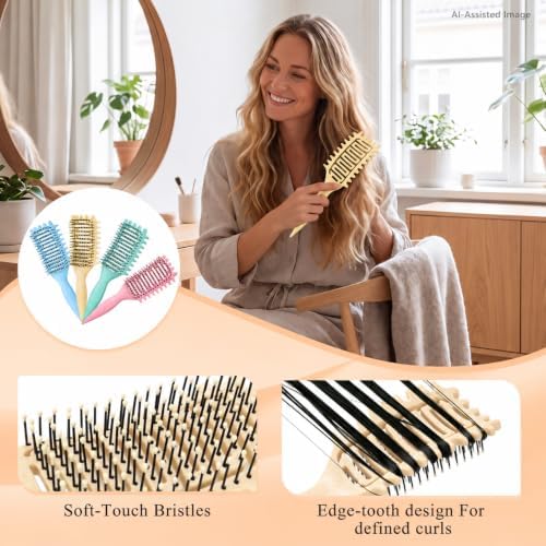 Curl Defining Brush for Curly Hair, Vented Detangling Hair Brush for Wet and Dry Styling, Curved Brush for Shaping and Smoothing Curl Clumps, Lightweight Hair Brush （Yellow） - Image 5