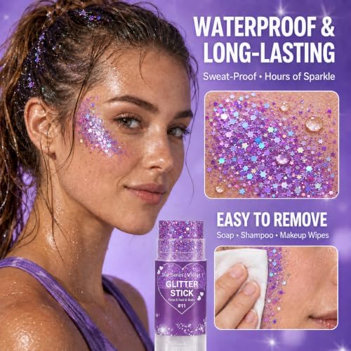 Mysense Violet Body Glitter Stick,Purple Face Hair Glitter for Women Kids - Image 3