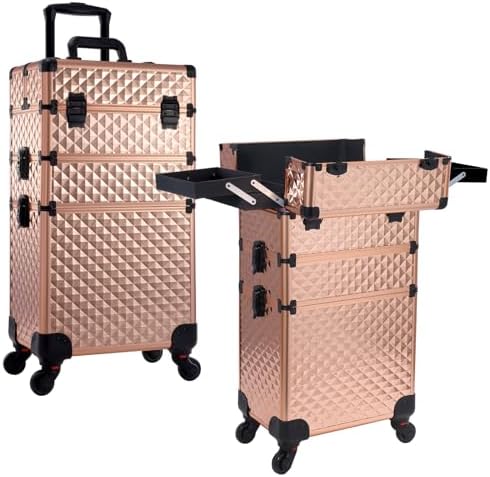 Frenessa Rolling Makeup Train Case 3 in 1 Professional Cosmetic Trolley Large Storage with keys Swivel Wheels Salon Barber Case Traveling Cart Trunk for Make Up Nail Tech - Vintage Rose Gold by Frenessa