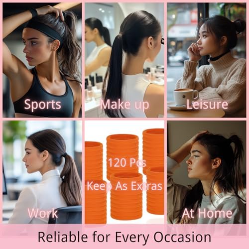 LuSeren 120 Pcs Orange Hair Ties for Women, No Damage Soft Seamless Nylon Hair Elastics for Thick Hair, Ponytail Holders, Solid Orange Hair Accessories - Image 6