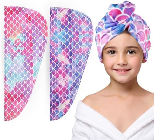 Microfiber Hair Towel Wrap for Kids Girls, Ultra Absorbent, 2 Pack by ELLEWIN