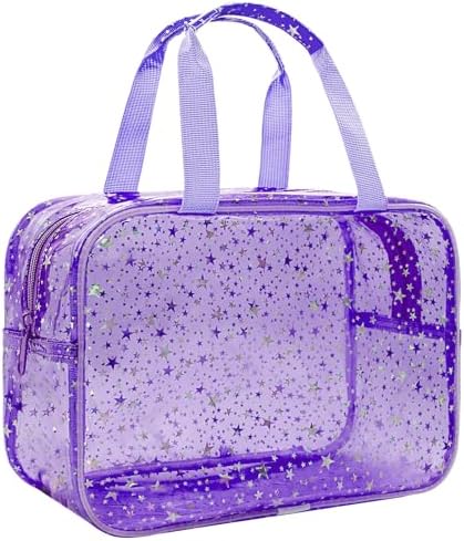Clear Purple Star Large Makeup Bag with Star Pattern 12x5x8 inch, Travel Cosmetic Bag with Handle, Durable PVC Material Washbag Zipper Opening Design for Makeup Travel Organizer or Gym Use by junesters