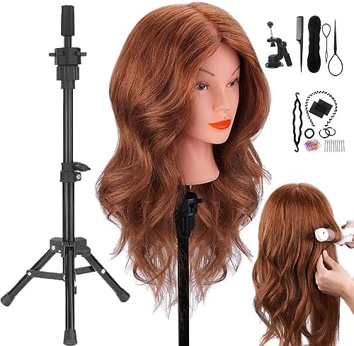 Mannequin Head with Human Hair, 18 inch Mannequin Head with Tripod Stand, Real Hair Cosmetology Makeup Hairdressing Training Head with Wig Stand Tripod, Doll Head for Hair Styling Training with Table by SZCY+LLC