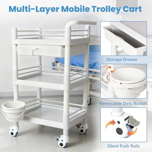 3 Tier Rolling Medical Cart, Utility Trolley with Drawer & Wheels - Image 4
