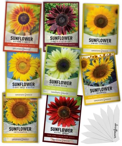 Gardeners Basics Sunflower Seeds for Planting Flowers - Velvet Queen, Skyscraper, Lemon Queen, Giant, Autumn Beauty, Chocolate Cherry, Dwarf Sunspot and Mammoth Bulk Outdoor Flower Garden, Pack of 8 by GardenersBasics