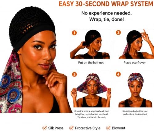 2 in 1 Wrap Cap Hair Net and Scarf for Silk Press, Satin Wrap Cap Bonnet for Women, Adjustable Stay-On Sleep Hair Net Scarf for All Hair Types (Rose red, One Size) - Image 6