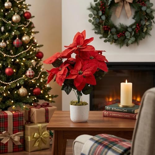 2 Pack Red Christmas Poinsettia Flowers in Pots, 18.9" Artificial Poinsettia Plants with Realistic Layered Petals, Speckled Pot and Moss Base for Holiday Indoor Decor, Table Centerpiece, Porch - Image 2