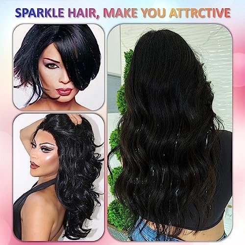 Black Hair Tinsel Kit 48 Inches 1200 Strands with Tools and Instruction Easy to Install Fairy Glitter Tinsel Hair Extensions for Women and Girls，Shinny Sparkling Braiding Hair Accessories for Halloween Cosplay Party - Image 3