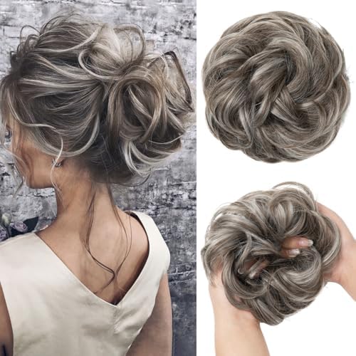 CJL HAIR Large Messy Bun Hair Piece Wavy Curly Scrunchies Synthetic Chignon Ponytail Hair Extensions Thick Updo Hairpieces for Women Ash Grey by CJLHAIR