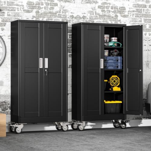 61" Metal Garage Storage Cabinet with Wheels and Locking Doors and Tall Rolling Steel Tool Cabinet with 3 Adjustable Shelves for Garage,Home,Office,Shop (Black, 61''H x 28''W x14''D) - Image 2
