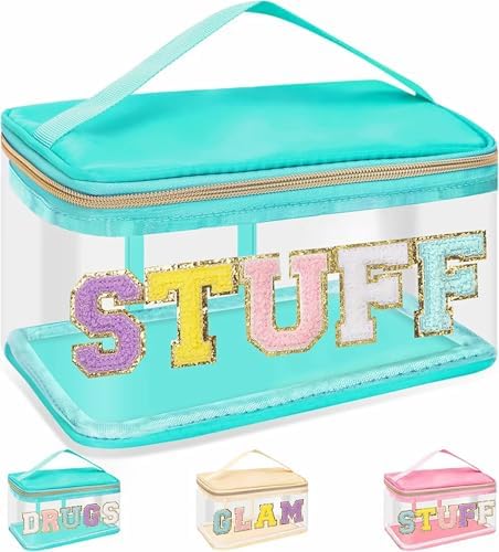 Chenille Letter Clear Makeup Bags Stuff Pouch, Preppy Patch Makeup Bag Zipper with Handle, Transparent PVC & Nylon Waterproof Glitter Cosmetic Handbag Travel Toiletry Storage for Women (STUFF-Green) by izuzta