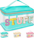 Chenille Letter Clear Makeup Bags Stuff Pouch, Preppy Patch Makeup Bag Zipper with Handle, Transparent PVC & Nylon Waterproof Glitter Cosmetic Handbag Travel Toiletry Storage for Women (STUFF-Green) by izuzta