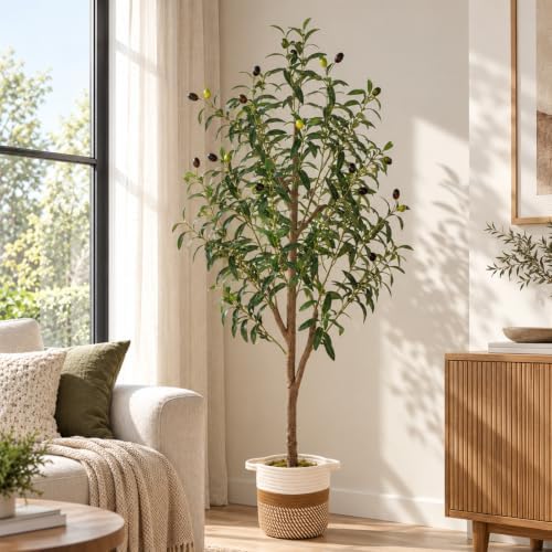 5FT Artificial Olive Tree Indoor Tall Faux with Planter & Basket Large Fake Olive Silk Trees Realistic Olive Plants with Branches and Fruits for Office Decor Home Living Room - Image 3