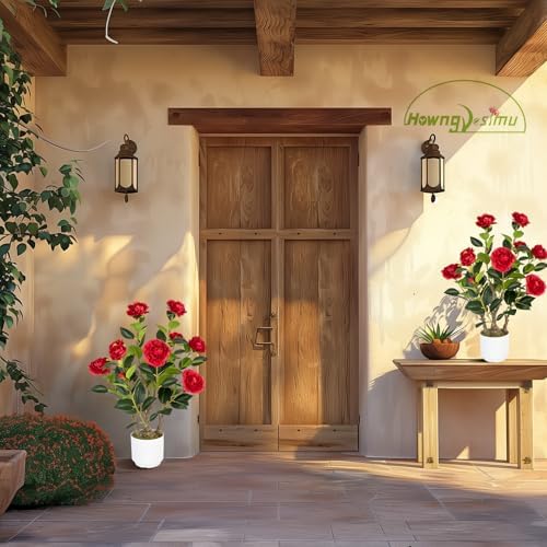 2 Pack Artificial Camellia Tree with White Pot, 24" Faux Potted Plants for Indoor Outdoor Decor, Tall Silk Greenery Plant for Home Office Living Room Balcony, Red - Image 4