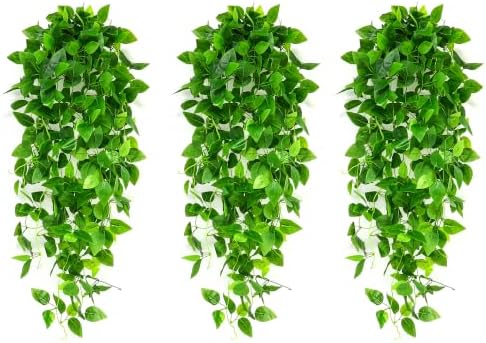 Fake Hanging Plants Artificial Hanging Plant for Indoor Outdoor Faux Pothos Vines Greenery Garlands for Wall Home Aesthetic Patio Kitchen Living Room Farmhouse Shelf Office Decor (No Baskets) (3 PACK) by Unknown
