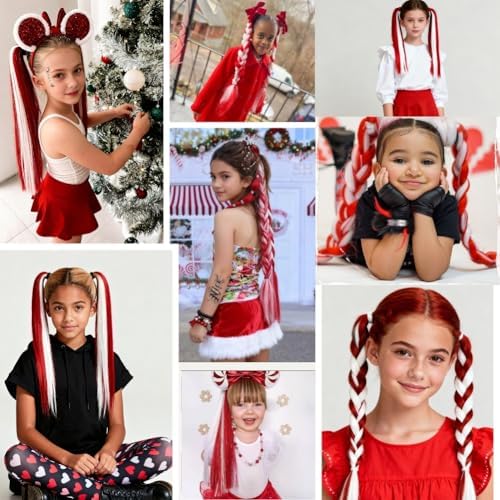 Red/White Ponytail Tinsel for Girls Hair Accessories Synthetic Tinsel Extensions With Rubber Band Christmas Festival Halloween Party Daily Crazy Days Hair Pieces 20inch 2pcs/lot - Image 5