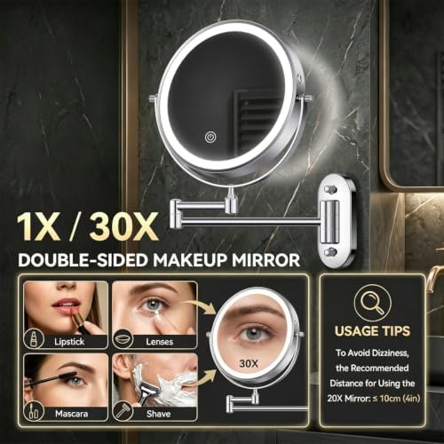 Auxmir 1X/30X Wall Mounted Makeup Mirror, 8" Rechargeable Magnifying Mirror - Image 2