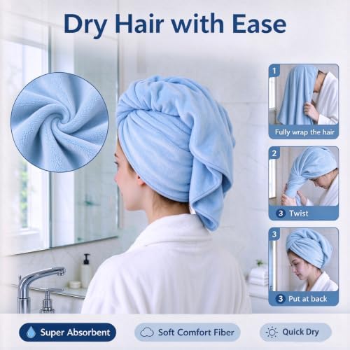 Super Absorbent Anti-Frizz Microfiber Hair Towel Hair Wrap Curly Hair Drying Towel 23.6''x47'' Large Multifunction Towel for Bath Spa Makeup, Light Blue 2 Pack - Image 2