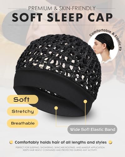 2 Pieces Comfortable Elastic Knit Hair Net for Sleeping & Silk Press - No Red Marks, Tubi Hair Warp Mesh Snood Cap for Women(Black) - Image 5