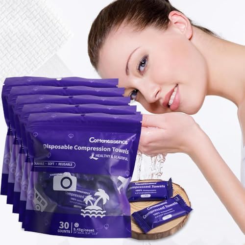 Cottonessence Premium Compressed Towels (150 count)- 30 Count (Pack of 5), 9.4" x 11.8", Portable Cotton Wipes Tablets, Individually Wrapped Coin Tissues for Travel Camping Hiking Outdoor Beauty Salon by CraftingHealthUnveilingBeauty