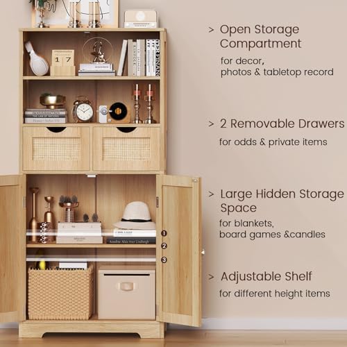 Iwell Tall Storage Cabinet, Rattan Cabinet with 2 Drawers & Adjustable Shelf, Kitchen Pantry Storage Cabient, Entryway Cabinet for Living Room, Dining Room, Home Office, Natural - Image 4