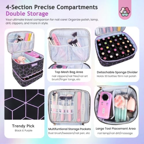 SAVILAND PU Leather Nail Polish Organizer Bag for Nail Tech, Black - Image 3