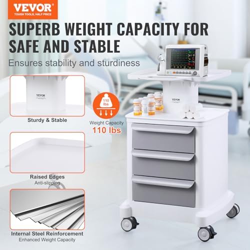 VEVOR Medical Cart with 3 Drawers and Top Tray, 4-Tier Rolling Utility Cart - Image 2
