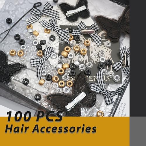 100pcs Hair Beads for Braids Gold Loc Dreadlock Hair Beads Black Gingham Mini Hair Bows Lace Embroidery Butterfly Hair Clips 3 Styles Y2K Hair Accessories for Women Girls - Image 7
