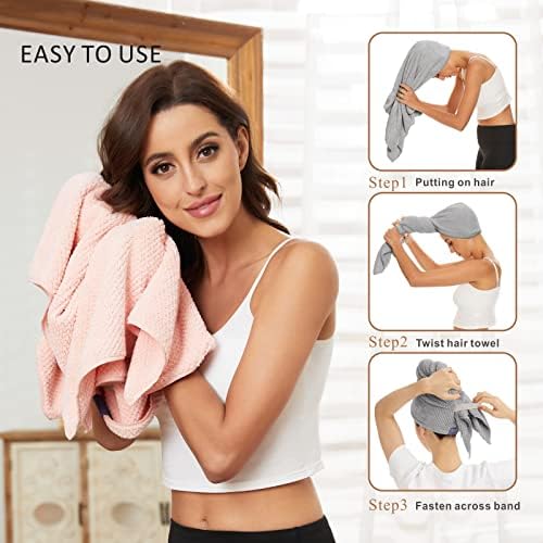 2 Pack Large Microfiber Hair Towel Wrap for Women, Anti Frizz Hair Drying Towels, Fast Dry Hair Turban - for Wet, Long, Thick, Curly Hair - Super Absorbent Soft Towels - Gray & Pink - Image 5