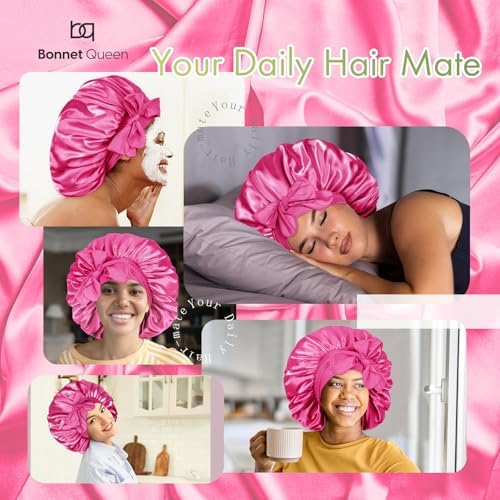 BONNET QUEEN XL Large Silk Like Bonnet for Sleeping for Curly Hair,Satin Bonnet with Adjustable Tie Band,Hot Pink - Image 2
