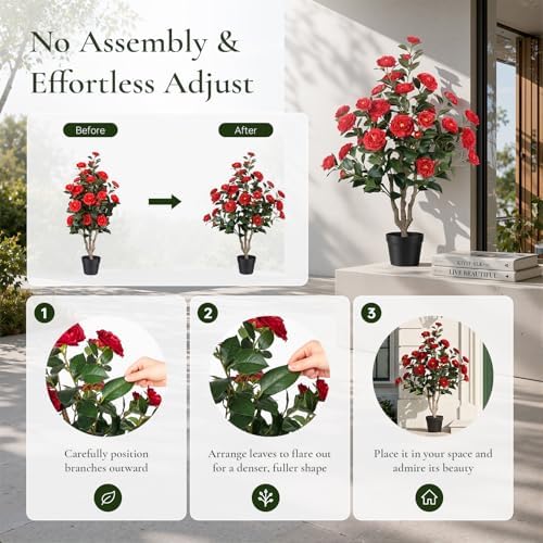 3ft Artificial Camellia Tree 2 Pack, 36" Faux Potted Camellia Plant with Vibrant Red Silk Flowers, UV Resistant Fake Flowering Tree for Front Porch Indoor Outdoor Home Office Floor Decor - Image 7