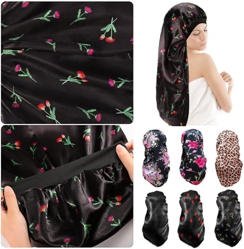 2Pcs Long Satin Bonnet Sleep Cap for Women, Black+Green Pattern - Image 7