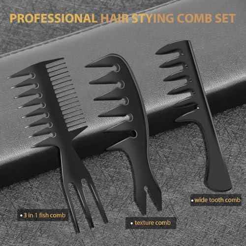 DUAIU 3Pcs Hair Styling Comb Set for Men, with Barber Accessories 3 in 1 Fish Tail Bone Shape Comb, Wide Tooth Comb, Texture Comb for Slicked-back, Quiff, Pompadour, Fauxhawk, Undercut - Image 2