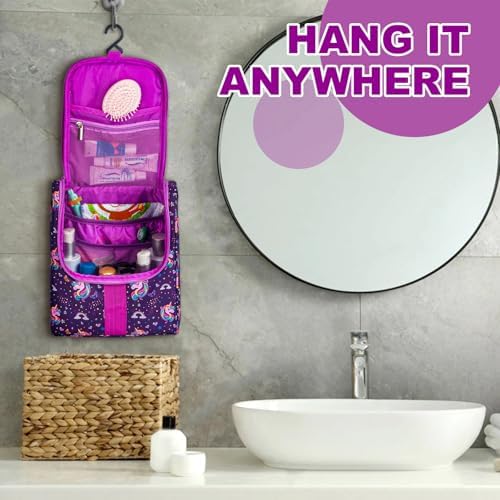 Remobia Hicol Cute Cartoon Hanging Kids Toiletry Bag Children Travel Cosmetic Makeup Organizer Wash Bag Shower bag Over Night Bag Camping Shaving Kit Bag for Boys & Girls(Unicorn) - Image 5