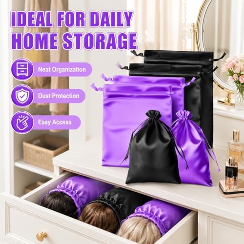 4-Pack Satin Wig Bags with Drawstrings, Purple & Black Storage Pouches Silk Hair Storage Bags for Multiple Wigs, Hair Extensions, Weave Bundles, and Braids, Gift & Travel Bag Storage Sacks - Image 6