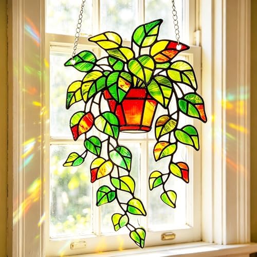 Plant Suncatcher Glass, Stained Glass Suncatcher Plant Window Hanging, Unique Nature Lover Gifts Leaf Ideas - Image 6